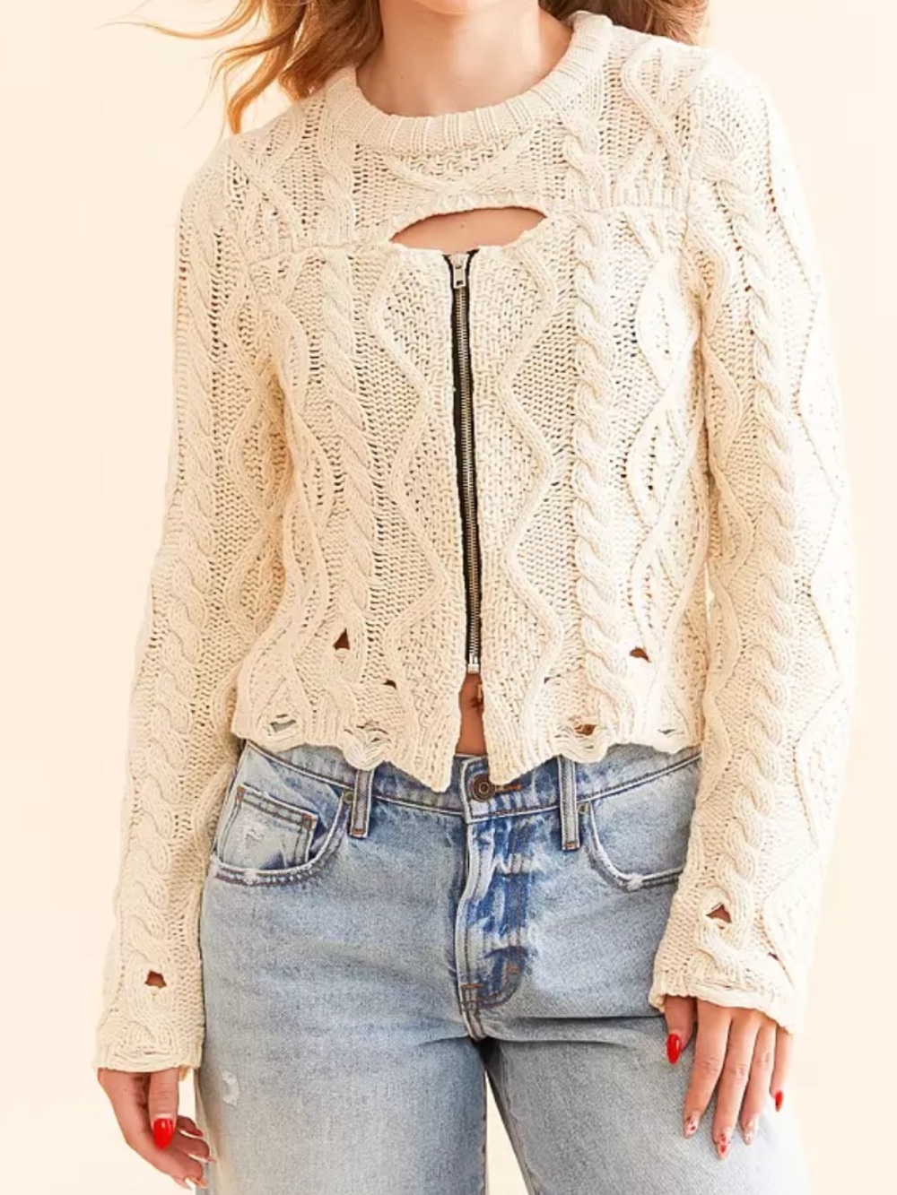NWOT Gilded Intent Zip-Up Cropped Cable Knit Sweater Medium Cream